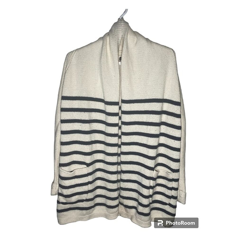 J CREW Striped Cardigan Sweater Cream Navy Open Front Women's Size Medium M USED